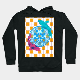 Double Happy Koi Fish - Yoga Calm Vibe Orange Tile Floor Pattern Hoodie